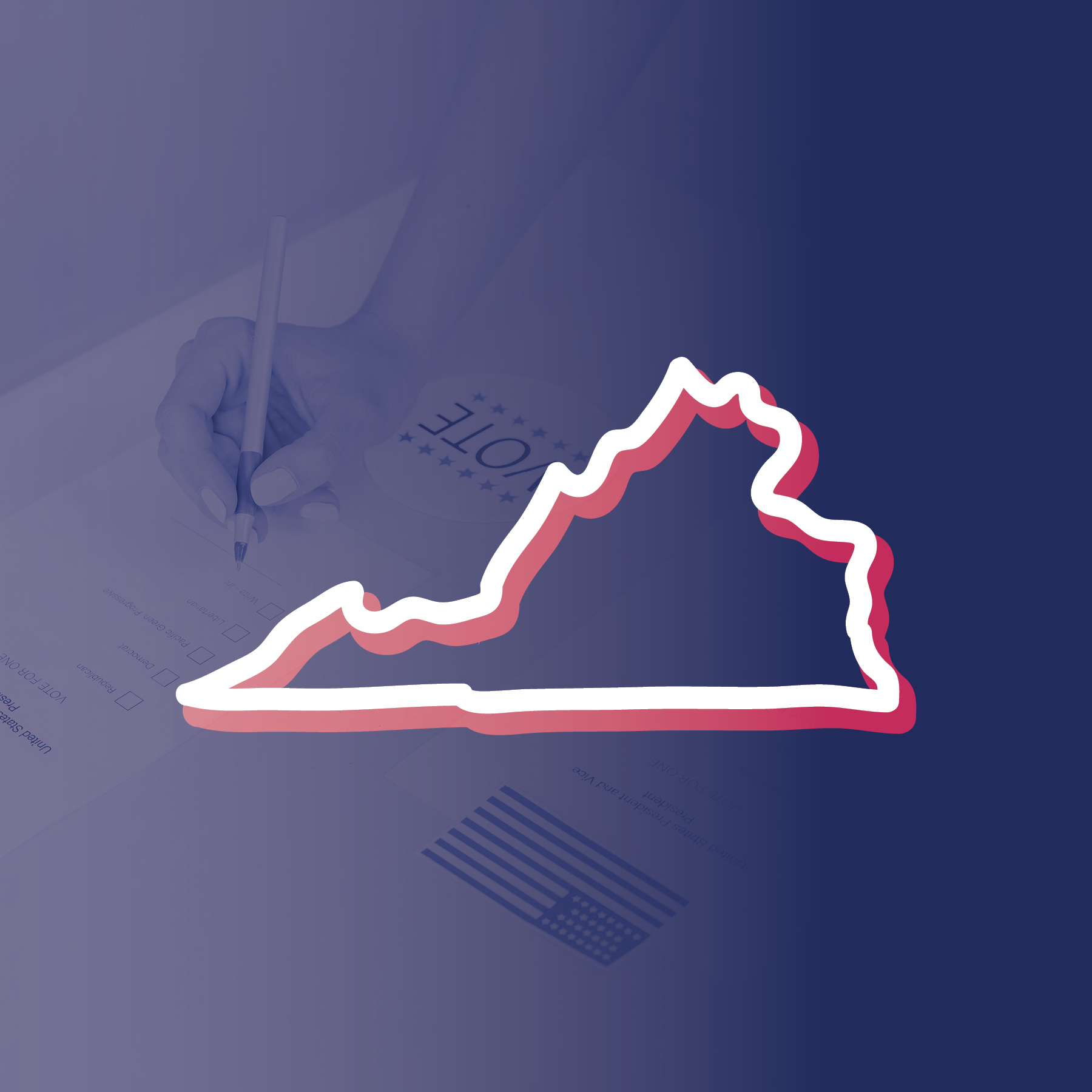 Illustration of the outline of the state of Virginia in the foreground, over the photo of a woman's hand as she fills in a ballot.