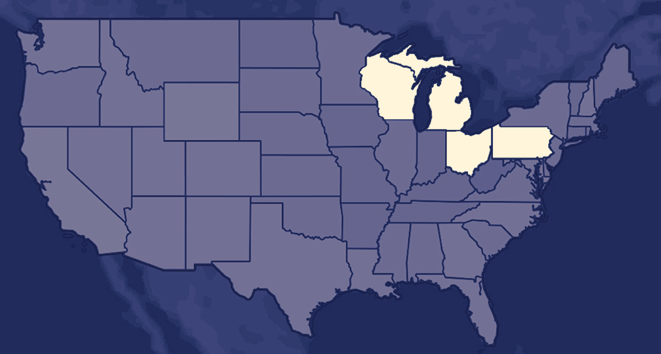 Image of the United States with Wisconsin, Michigan, Ohio, and Pennsylvania highlighted.