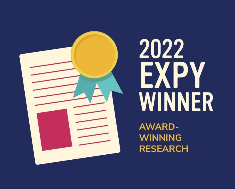 Image of a gold ribbon on a research paper with text 2022 Expy Winner, award-winning research