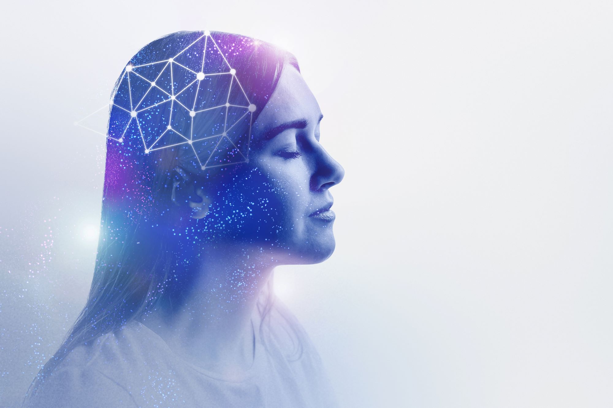 Photo of a relaxed woman deep in thought with a network graphic imposed over her head, giving the impression of neuroscience